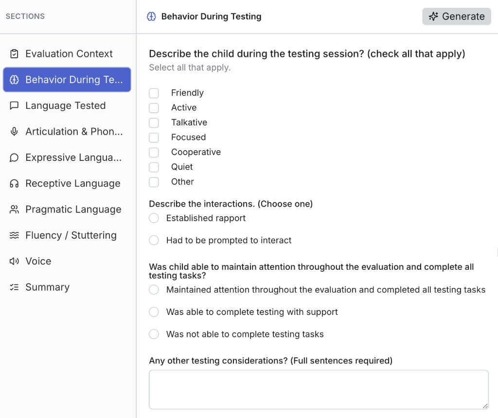 Assessment Impressions Behavior During Testing form for capturing testing findings