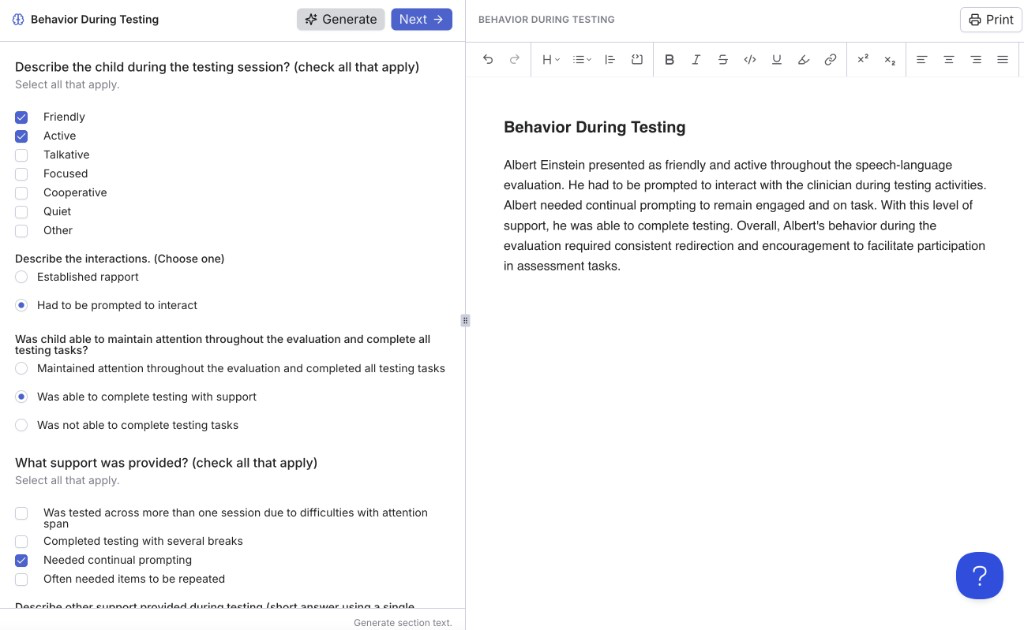Assessment Impressions Behavior During Testing form beside editable generated report preview