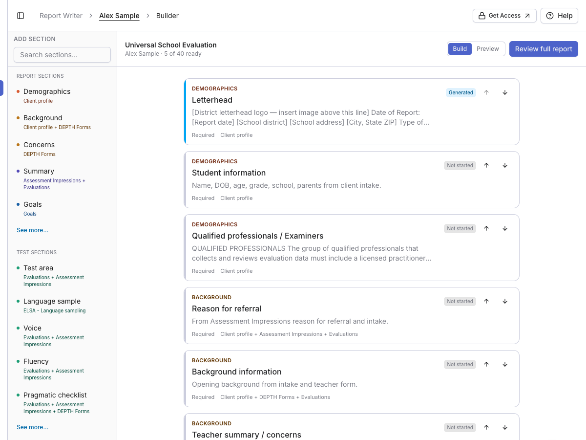 Report Writer builder showing an evaluation organized into editable sections